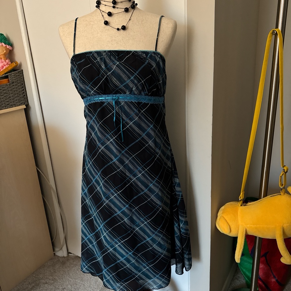 American Vintage Black and Blue Plaid Mesh Midi Dress